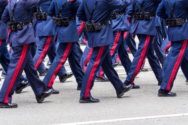 Oviedo, İspanya - 25 Mayıs 2024: Asfalt yolda kırmızı çizgili mavi üniformalı bir askeri geçit töreninde bir grup silahlı asker