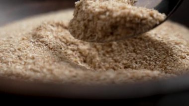 Metalik kaşık içinde ilkel Psyllium kabukları. Kapatın. Organik bitki yumurtası tohumları