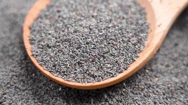 Tahta kaşığa düşen organik haşhaş tohumları. Doğal lezzet ve doku için sağlıklı tariflerde besleyici bileşenler. Yavaş çekim