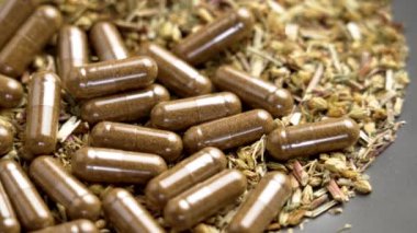 Kurumuş şifalı bitkilerin üzerinde dinlenen bitkisel kapsüller geleneksel bitkisel ilaçların modern sağlıklı besinlerle kaynaşmasını sergiliyor. Makro atış. Döndürme