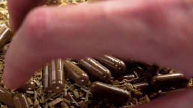 Bir avuç dolusu bitkisel kapsül ve kurutulmuş şifalı bitkiler alan hasta, doğal çareler ve modern sağlık çözümleri arasındaki dengeyi sembolize ediyor.