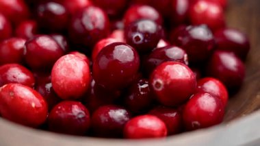 Taze kızılcıklar ahşap kasede, parlak, ıslak, kırmızı derili. Çiğ canlı meyveler. Sağlıklı yiyecekler. Makro atış. Aşı makrokarponu. Döndürme