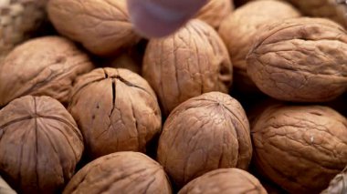 Kırsal hasır sepetinden ceviz alan el parmakları. Kabuksuz organik fındık. Makro