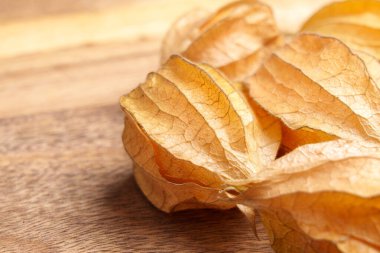 Tahta yüzeyde kabuklu Physalis Peruviana meyveleri. Toprak kirazları yakın.. 