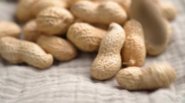 Kavrulmuş fıstık kapsülleri yavaş çekimde kumaştan yapılmış peçetelere dökülüyor.