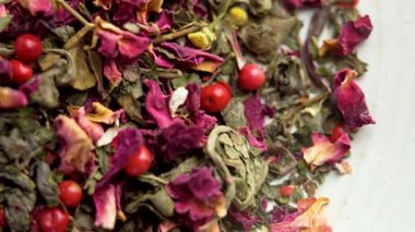 Çiçekli Kurutulmuş Çay Malzemeleri. Macro Shot. Döndürme