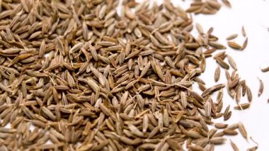 Seramik tabağa saçılmış aromatik kimyon tohumları yığını. Organik Asya baharatı