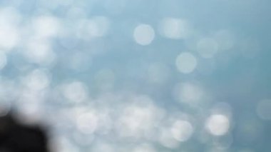 Taştan kayalar ve dalgalarla parıldayan kıyı yüzeyi. Bulanık okyanus turkuaz suyu parlıyor.