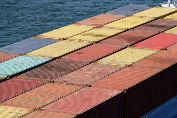 Many Colorful Containers River Freighter Rhine Sunny Day — 스톡 사진