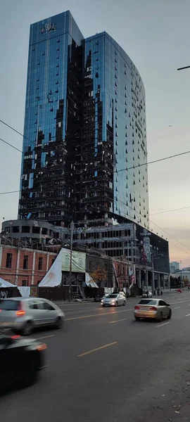 Krig Ukraina Konsekvenser Rysk Missilattack Förstörelse Och Skador Centrum Kiev — Stockfoto