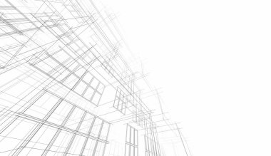 Modern geometrik mimari tasarım, 3D tasarım, gayrimenkul planı, mimari sanat, taslak çizimi.