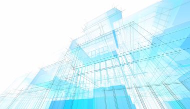 Modern geometrik mimari tasarım, 3D tasarım, gayrimenkul planı, mimari sanat, taslak çizimi.