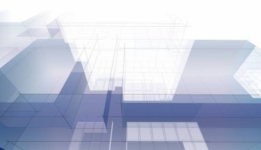 Modern geometrik mimari tasarım, 3D tasarım, gayrimenkul planı, mimari sanat, taslak çizimi.