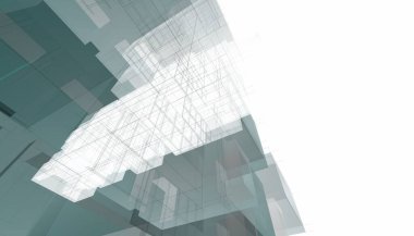 Modern geometrik mimari tasarım, 3D tasarım, gayrimenkul planı, mimari sanat, taslak çizimi.