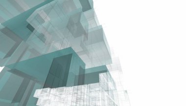 Modern geometrik mimari tasarım, 3D tasarım, gayrimenkul planı, mimari sanat, taslak çizimi.