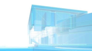 Modern geometrik mimari tasarım, 3D tasarım, gayrimenkul planı, mimari sanat, taslak çizimi.