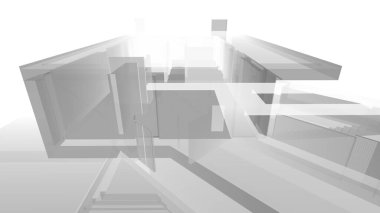 Modern geometrik mimari tasarım, 3D tasarım, gayrimenkul planı, mimari sanat, taslak çizimi.