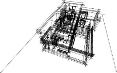Modern geometrik mimari tasarım, 3D tasarım, gayrimenkul planı, mimari sanat, taslak çizimi.