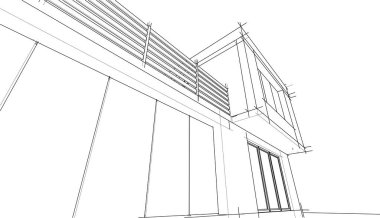 Modern geometrik mimari tasarım, 3D tasarım, gayrimenkul planı, mimari sanat, taslak çizimi.