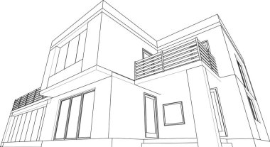 Modern geometrik mimari tasarım, 3D tasarım, gayrimenkul planı, mimari sanat, taslak çizimi.