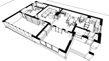 Modern geometrik mimari tasarım, 3D tasarım, gayrimenkul planı, mimari sanat, taslak çizimi.