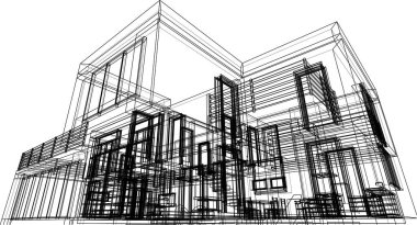 Modern geometrik mimari tasarım, 3D tasarım, gayrimenkul planı, mimari sanat, taslak çizimi.