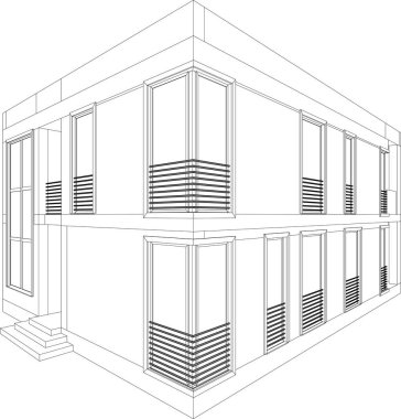 Modern geometrik mimari tasarım, 3D tasarım, gayrimenkul planı, mimari sanat, taslak çizimi.