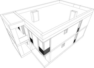 Modern geometrik mimari tasarım, 3D tasarım, gayrimenkul planı, mimari sanat, taslak çizimi.