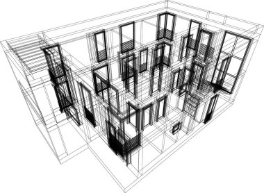 Modern geometrik mimari tasarım, 3D tasarım, gayrimenkul planı, mimari sanat, taslak çizimi.