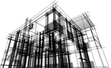 Modern geometrik mimari tasarım, 3D tasarım, gayrimenkul planı, mimari sanat, taslak çizimi.