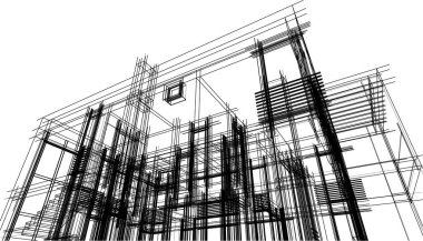 Modern geometrik mimari tasarım, 3D tasarım, gayrimenkul planı, mimari sanat, taslak çizimi.