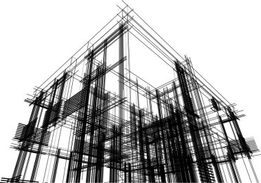 Modern geometrik mimari tasarım, 3D tasarım, gayrimenkul planı, mimari sanat, taslak çizimi.