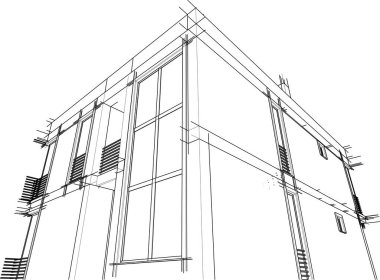 Modern geometrik mimari tasarım, 3D tasarım, gayrimenkul planı, mimari sanat, taslak çizimi.