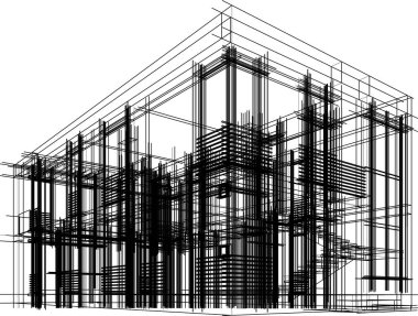 Modern geometrik mimari tasarım, 3D tasarım, gayrimenkul planı, mimari sanat, taslak çizimi.