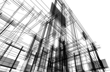 Modern geometrik mimari tasarım, 3D tasarım, gayrimenkul planı, mimari sanat, taslak çizimi.