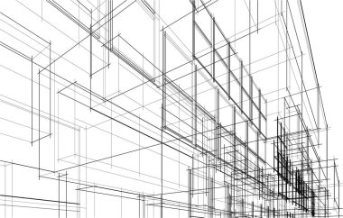 Modern geometrik mimari tasarım, 3D tasarım, gayrimenkul planı, mimari sanat, taslak çizimi.