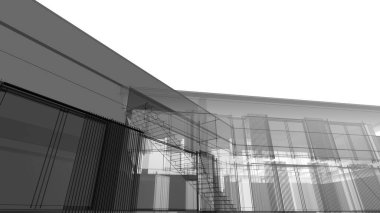 Modern geometrik mimari tasarım, 3D tasarım, gayrimenkul planı, mimari sanat, taslak çizimi.