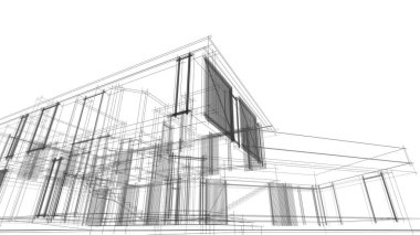 Modern geometrik mimari tasarım, 3D tasarım, gayrimenkul planı, mimari sanat, taslak çizimi.