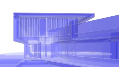 Modern geometrik mimari tasarım, 3D tasarım, gayrimenkul planı, mimari sanat, taslak çizimi.