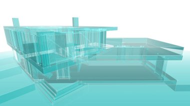 Modern geometrik mimari tasarım, 3D tasarım, gayrimenkul planı, mimari sanat, taslak çizimi.