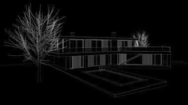 Modern geometrik mimari tasarım, 3D tasarım, gayrimenkul planı, mimari sanat, taslak çizimi.