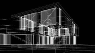 Modern geometrik mimari tasarım, 3D tasarım, gayrimenkul planı, mimari sanat, taslak çizimi.