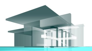 Modern geometrik mimari tasarım, 3D tasarım, gayrimenkul planı, mimari sanat, taslak çizimi.