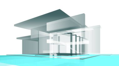 Modern geometrik mimari tasarım, 3D tasarım, gayrimenkul planı, mimari sanat, taslak çizimi.