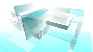 Modern geometrik mimari tasarım, 3D tasarım, gayrimenkul planı, mimari sanat, taslak çizimi.