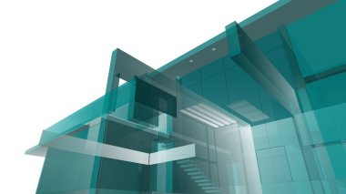 Modern geometrik mimari tasarım, 3D tasarım, gayrimenkul planı, mimari sanat, taslak çizimi.