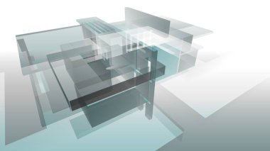 Modern geometrik mimari tasarım, 3D tasarım, gayrimenkul planı, mimari sanat, taslak çizimi.