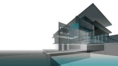 Modern geometrik mimari tasarım, 3D tasarım, gayrimenkul planı, mimari sanat, taslak çizimi.