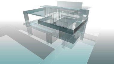 Modern geometrik mimari tasarım, 3D tasarım, gayrimenkul planı, mimari sanat, taslak çizimi.