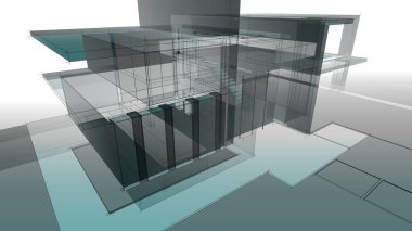 Modern geometrik mimari tasarım, 3D tasarım, gayrimenkul planı, mimari sanat, taslak çizimi.